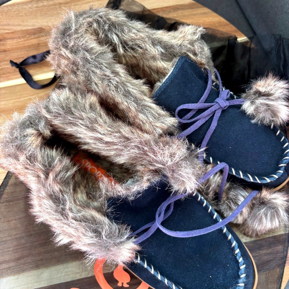 Sporto Womens Blue Suede Faux Fur Moccasin Slippers Size S 5-6